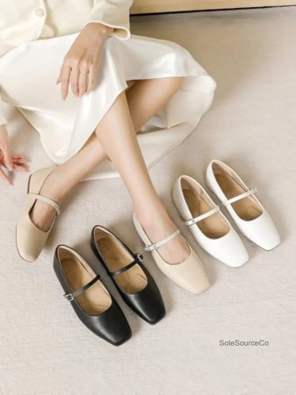 Women Square Toe Mary Jane Flats Adjustable Strap Faux Leather Dress Ballet